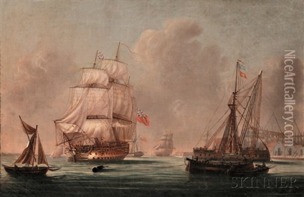 War Ship At Port (possibly Southampton) Oil Painting - Thomas Whitcombe