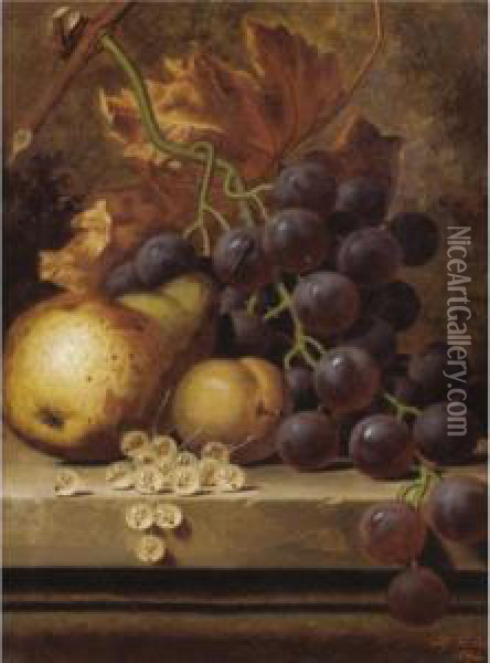 Still Life Of Pears And Grapes; Still Life Of Grapes And Plums Oil Painting - Henry George Todd