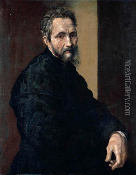 Portrait Of Michelangelo Buonarroti, Half Length, Wearing Black Oil Painting - Jacopino del Conte