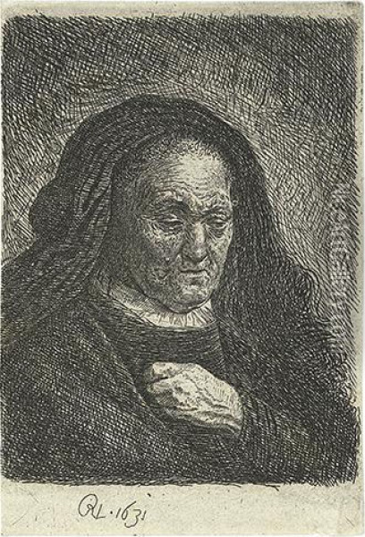 The Artist's Mother With Her Hand On Her Chest: Small Bust. Oil Painting - Rembrandt Van Rijn