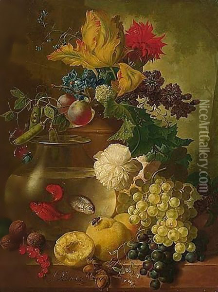 Still Life Of Fruit And Flowers, Together With Walnuts And Hazelnuts, A Bird's Nest And A Goldfish Bowl On A Ledge, A Landscape Beyond Oil Painting - Jan van Os