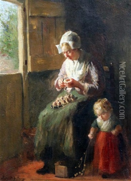 Interior With Woman Peeling Onions And A Child Oil Painting - Bernard de Hoog