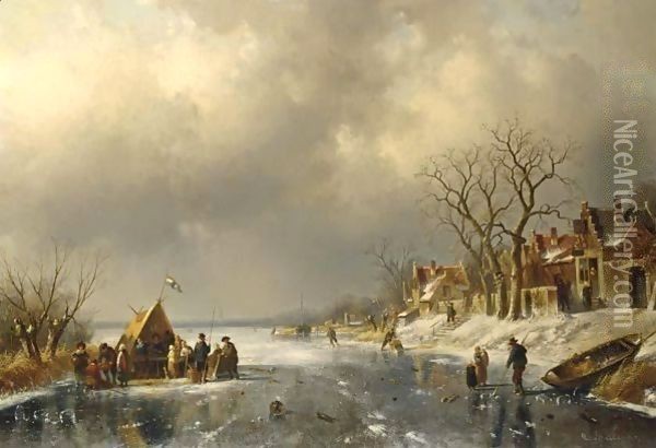 Skaters On A Frozen River With Figures Oil Painting - Charles Henri Leickert