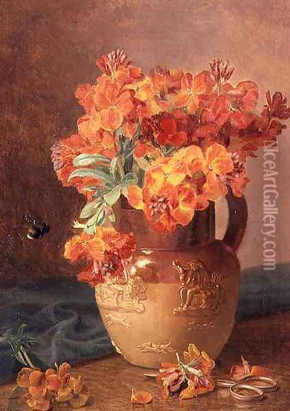 A Still Life with Wallflowers in a Stoneware Jug Oil Painting - Eloise Harriet Stannard