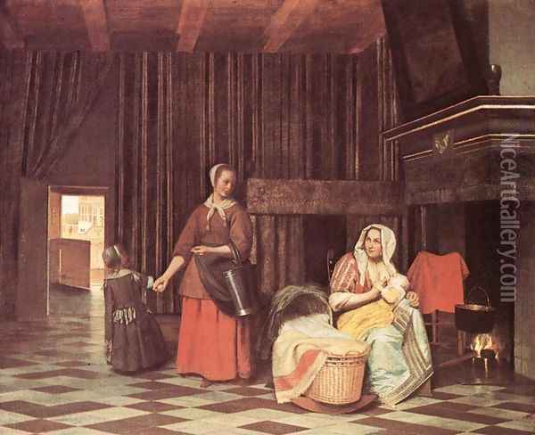 Suckling Mother and Maid 1670-75 Oil Painting - Pieter De Hooch