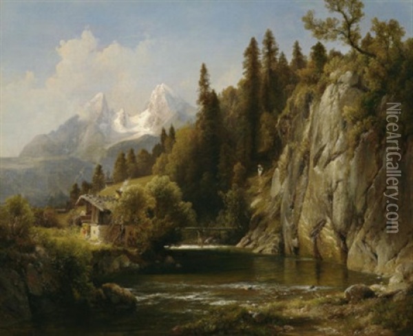 Sommer Im Gebirge Mit Bauerngehoft Am Flus, Im Hintergrund Ein Gletschermassiv Oil Painting - Julius Lange