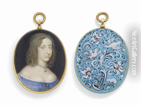 Christina (1626-1689), Queen Of Sweden, In Blue Off-the-shoulders Dress With Gem-set Brooch At Corsage, Pearl Necklace, Fair Curling Hair Oil Painting - Alexander Cooper