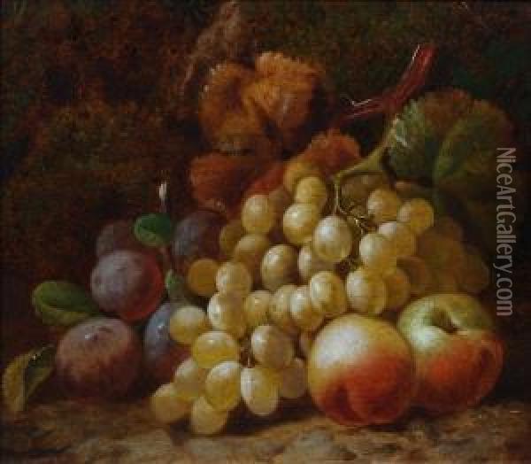 Apples, Plums And Green Grapes Against A Bank Oil Painting - William Hughes
