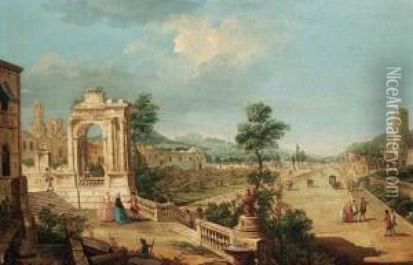 A Capriccio View Of A Town With Elegant Figures On A Terrace By A Ruined Archway Oil Painting - Francesco Battaglioli