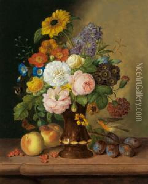 Blumenstilleben Mit Fruchten Und Vogel Oil Painting - Georg Seitz