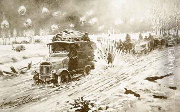 British Transport train making its way under heavy shell fire along the snow-bound Ypres roads Oil Painting - Villiers, Frederic