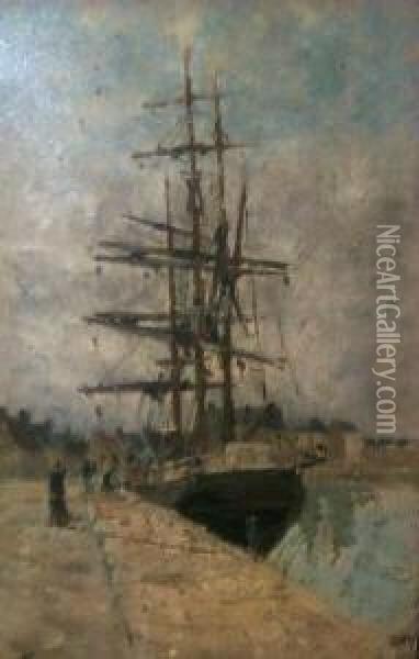Segler Am Hafenkai In Der Bretagne. Unten Links Signiert Auguste Flameng Oil Painting - Marie-Auguste Flameng