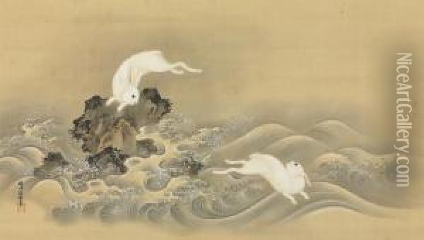 Rabbits Frolicing In The Waves Oil Painting - Kano Seisen'In