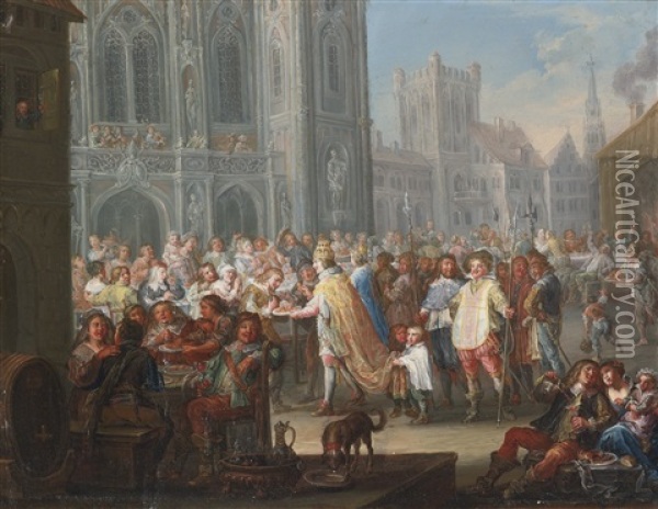 An Emperor Distributing Cakes In A Town Square Oil Painting - Johann Georg Platzer