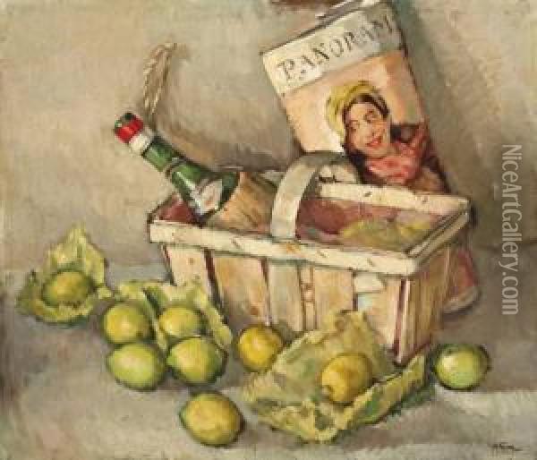 Stilleven Van Wijnfles En Citroenen Oil Painting - Abraham Fresco
