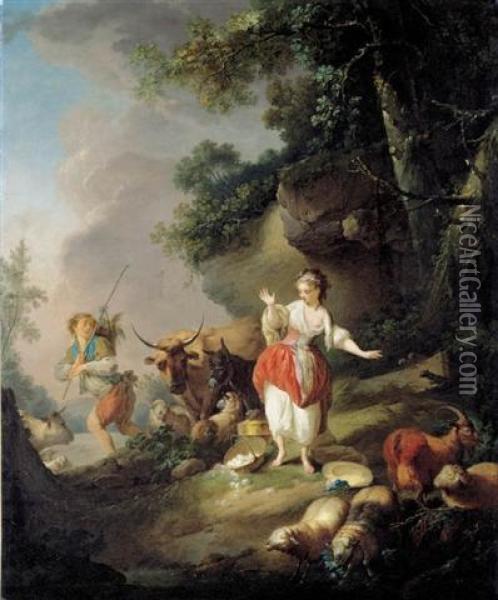 Les Oeufs Casses: A Shepherdess 
Startled By A Drover And His Cattle In A Pastoral Landscape Oil Painting - Jean-Baptiste Huet I