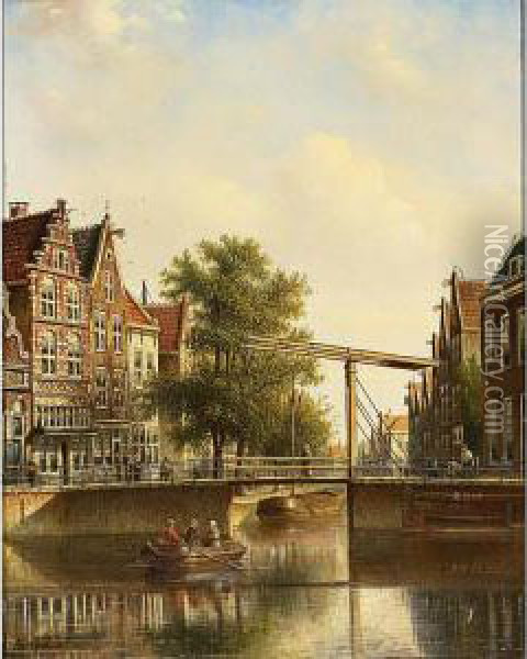 A Drawbridge In A Sunny Dutch Town Oil Painting - Johannes Franciscus Spohler