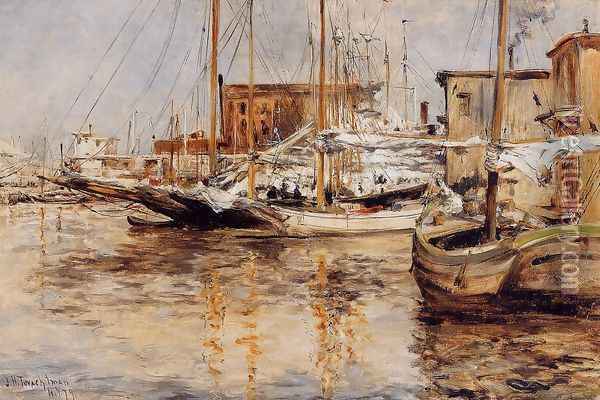 Oyster Boats, North River Oil Painting - John Henry Twachtman