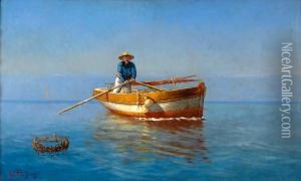 Fisherman On Rowing Boat Oil Painting - Emilios Prosalentis