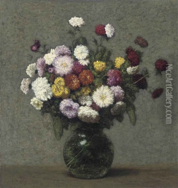 Bouquet De Zinnias Dans Un Vase Boule Oil Painting - Victoria Dubourg Fantin-Latour