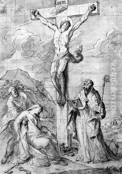 The Crucifixion, with the Virgin swooning into the arms of Saint Peter, and a Bishop Saint Oil Painting - Pietro Testa