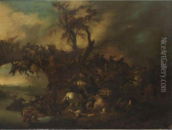 A Cavalry Battle Scene Near A Bridge Oil Painting - Jan von Huchtenburgh