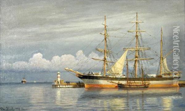Sailing Ships In Harbour Oil Painting - Christian Vigilius Blache
