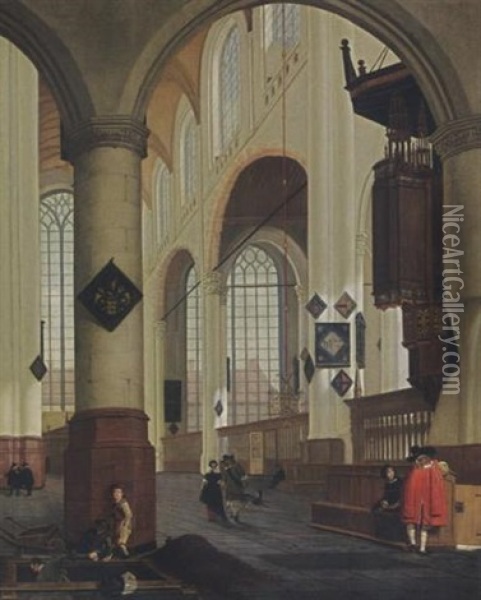 The Interior Of Oude Kerk In Delft, From The Southern Aisle To The Northern Transept, With Elegant Couples, And Men Digging In The Foreground Oil Painting - Cornelis De Man