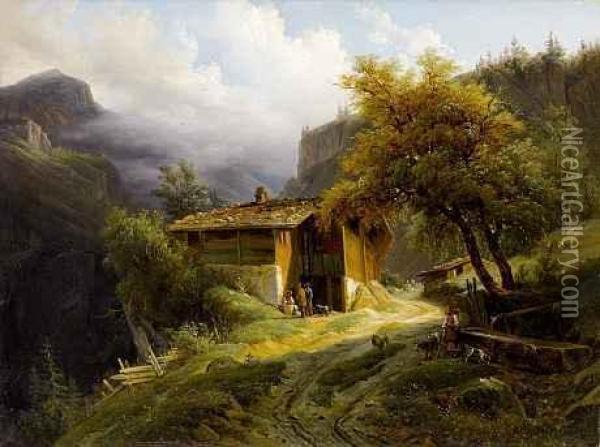 Gebirgslandschaft Mit Bauernhaus Und Oil Painting - Francois Diday