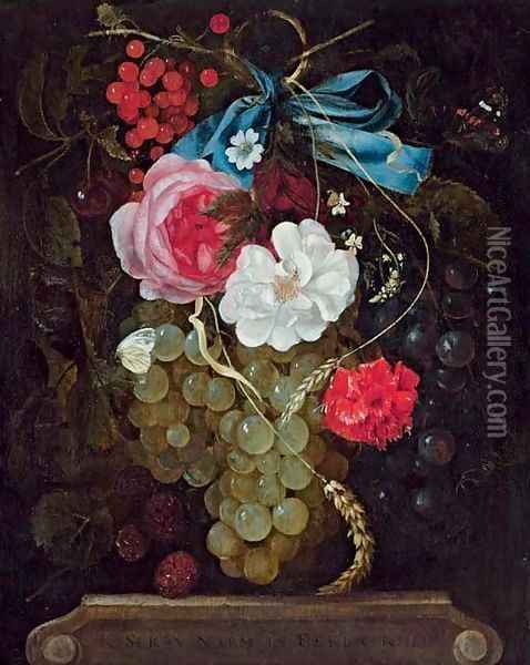 A carnation, roses, grapes, redcurrants and berries hanging from a blue ribbon, with butterflies, above an entablature Oil Painting - Maria van Oosterwyck
