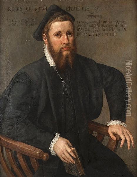 Portrait Of A Bearded Man, 
Seated Three-quarter-length, In Black Costume With A Black Hat And A 
Lace Collar, Holiding A Book Oil Painting - Lambert Sustris