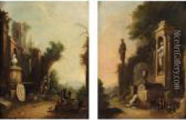 Italianate Landscapes With Figures Amongst Ruins Oil Painting - Franz Ferg