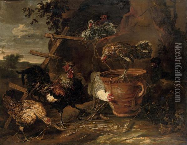 Chickens And A Cockerel In A Farmyard Oil Painting - Joannes Fijt