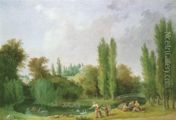 Vue Du Chateau Et Du Parc De Mereville Depuis Le Lac Oil Painting - Hubert Robert