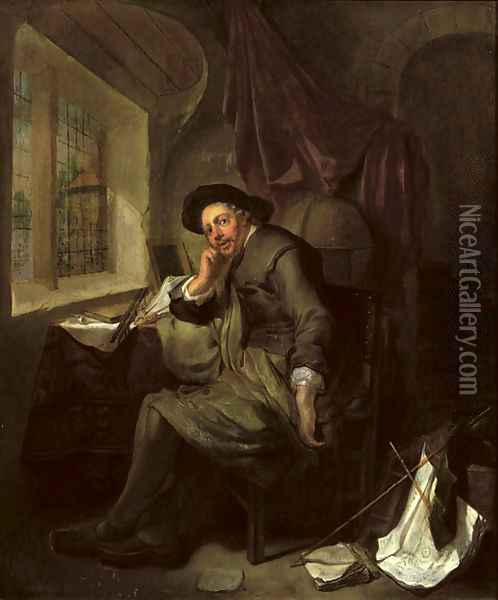A scholar seated at his writing desk in an interior, books and documents in the foreground Oil Painting - Hendrick Heerschop or Herschop