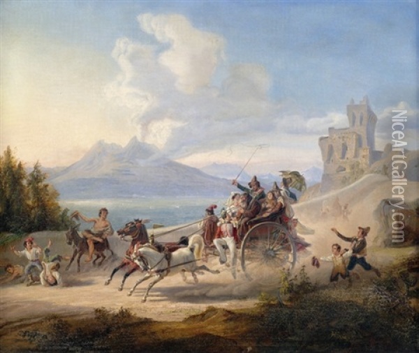 Reisekutsche Auf Staubiger Strase An Der Neapolitanischen Kuste Oil Painting - Heinrich Jakob Fried
