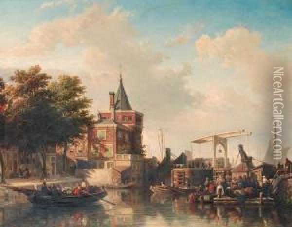 View Of The Schreierstoren, Amsterdam, In Summer Oil Painting - Elias Pieter van Bommel