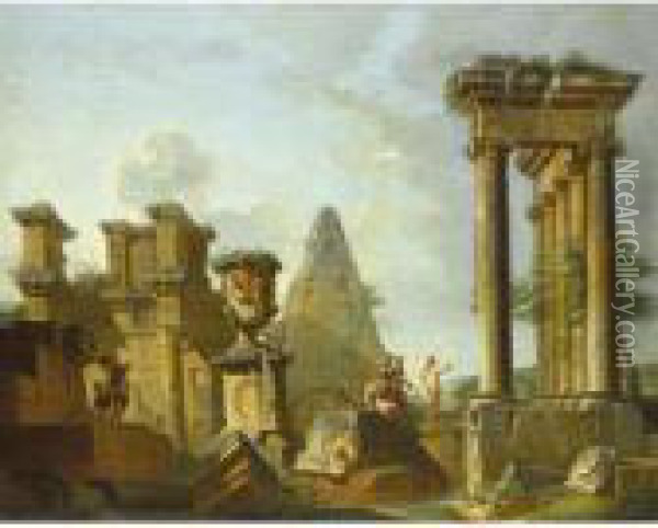 Figures Amongst Classical Ruins, Including The Pyramid Of Gaius Cestius Oil Painting - Giovanni Niccolo Servandoni