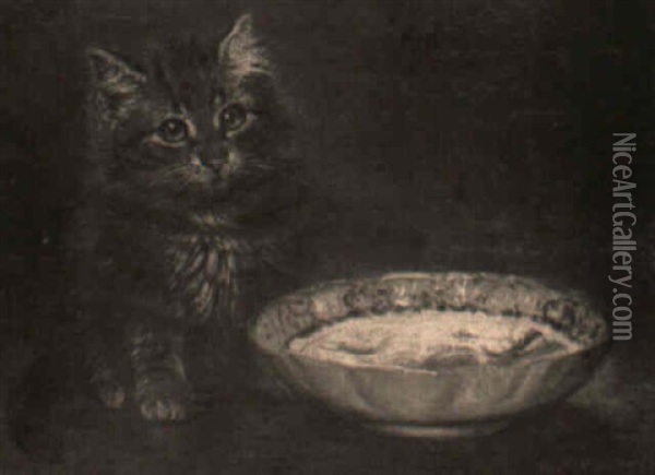 A Kitten Waiting By A Blue And White Dish Oil Painting - Wilson Hepple