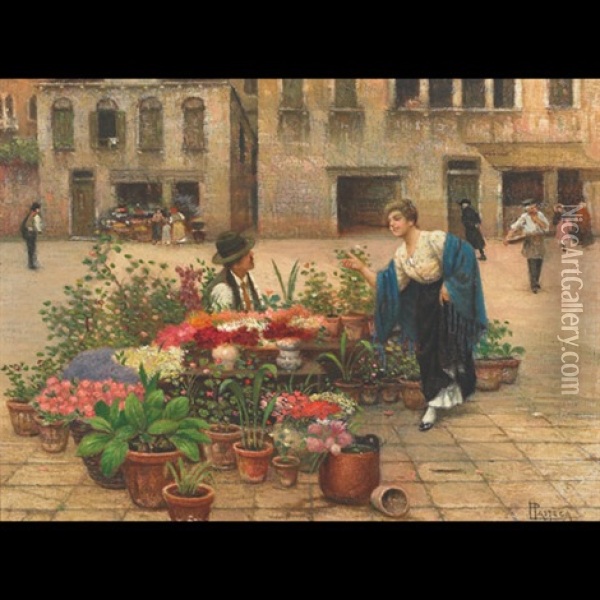 At The Vegetable Vendor (+at The Flower Vendor; Pair) Oil Painting - Luigi Pastega