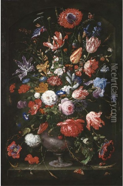 Roses, Tulips, Marigolds, A Geranium And Other Flowers In A Sculpted Vase Oil Painting - Jan Davidsz De Heem