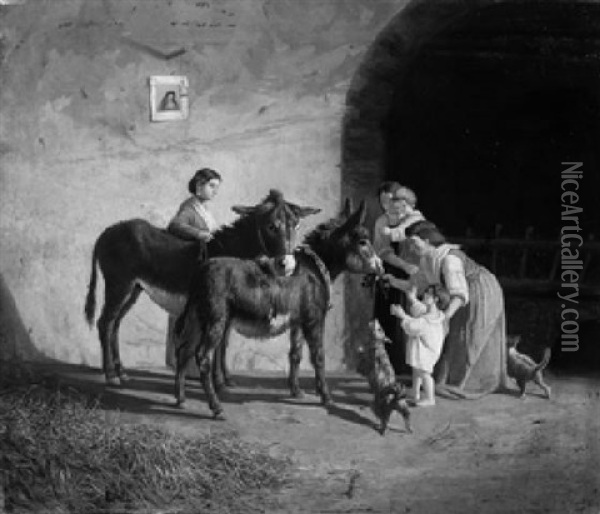 Italienische Bauerin Mit Ihren Kindern Und Zwei Eseln Vor Der Scheune Oil Painting - Gaetano Mormile