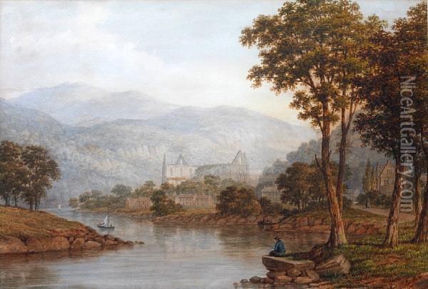 Tintern Abbey, With A Fisherman On The Banksof The River To The Foreground Oil Painting - John Dobbin