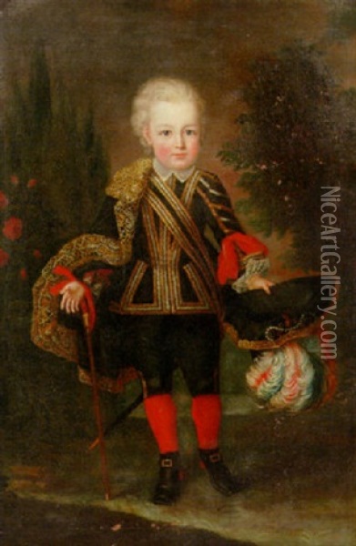 Portrait Of A Young Boy Wearing A Gold Embroidered Black Costume With Lace Chemise And Cape Oil Painting - Anna Maria Mengs