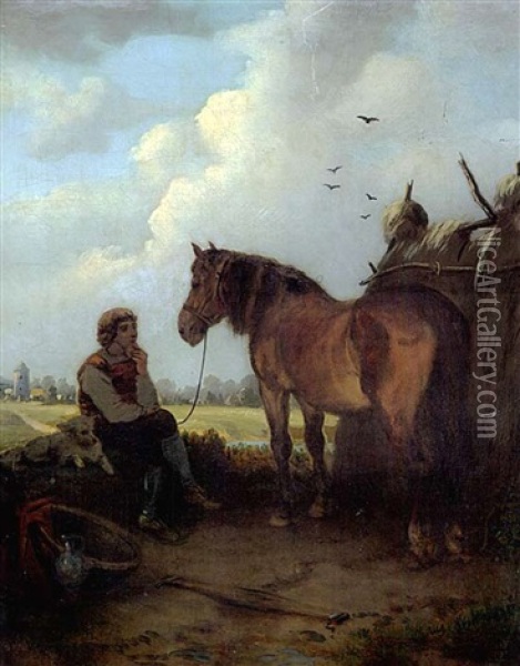 Junger Mann Mit Hund Neben Abgesatteltem Pferd, Nachdenklich Auf Einem Stein Sitzend Oil Painting - Hubert Salentin