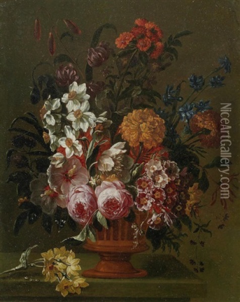 Roses, Narcissi And Other Flowers In A Vase Oil Painting - Jacobus Melchior van Herck