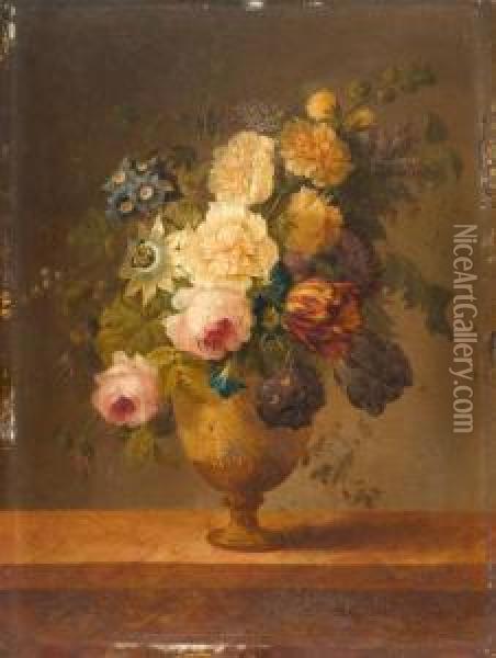 Bouquet Of Flowers With Tulips And Roses In A Stone Vase Oil Painting - Joseph Laurent Malaine