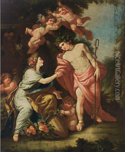 Flora And Zephyr Together With Putti Oil Painting - Aubin Vouet