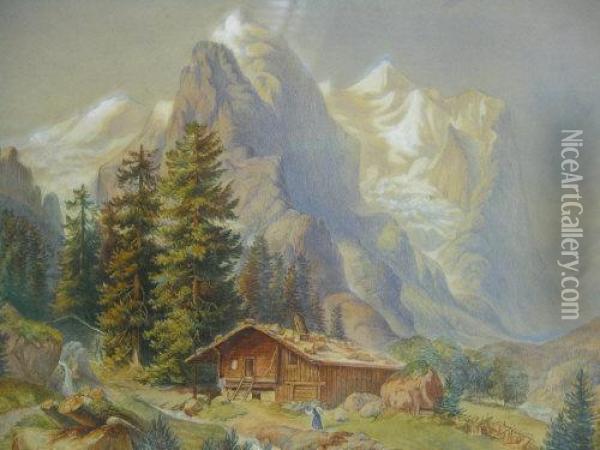 Swiss Chalet In Summer Landscape With Mountains Oil Painting - Louis Sangy