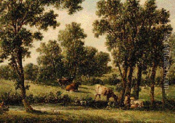 Cattle And Sheep Resting In A Wooded Landscape Oil Painting - Alfred Gomersal Vickers